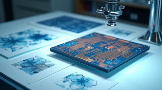 Professioneller Arbeitsplatz mit moderner Leiterplatte, Messinstrumenten und Designunterlagen für Prototypenentwicklung