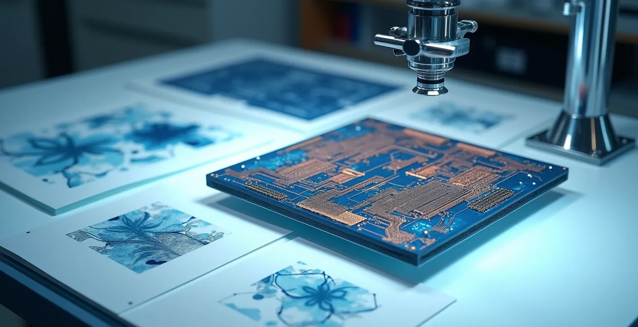 Professioneller Arbeitsplatz mit moderner Leiterplatte, Messinstrumenten und Designunterlagen für Prototypenentwicklung