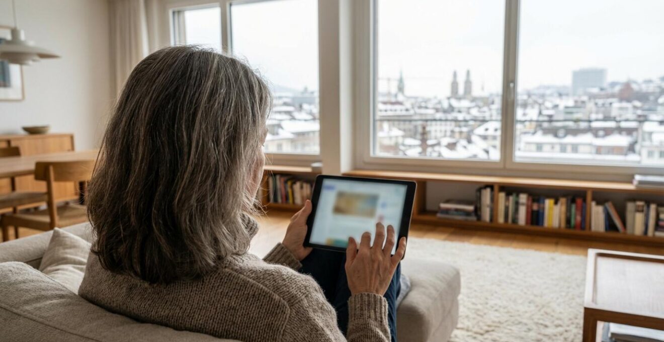 Frau prüft Immobilienbewertung auf Tablet in hellem Wohnzimmer – KI-gestützte Schätzung