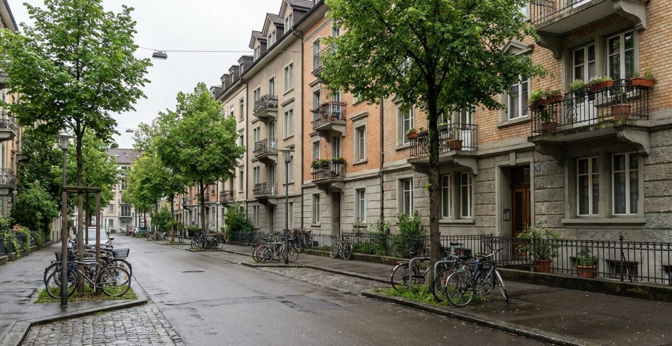 Typische Zürcher Wohnstrasse mit Altbauten und Velos – Immobilienpreise nach Quartier