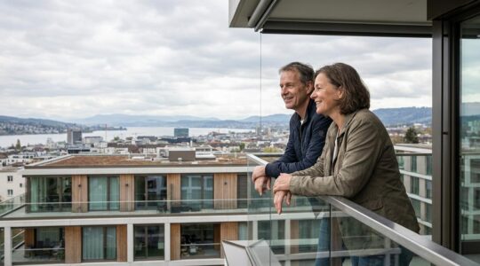 Ehepaar auf Balkon mit Blick über Zürich und den See – Immobilienmarkt Zürich